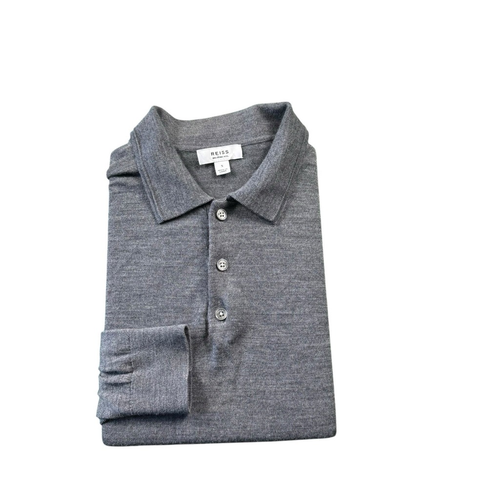 Reiss Gray Pure Merino Wool L/S Jumper Men's Polo Shirt Size Small